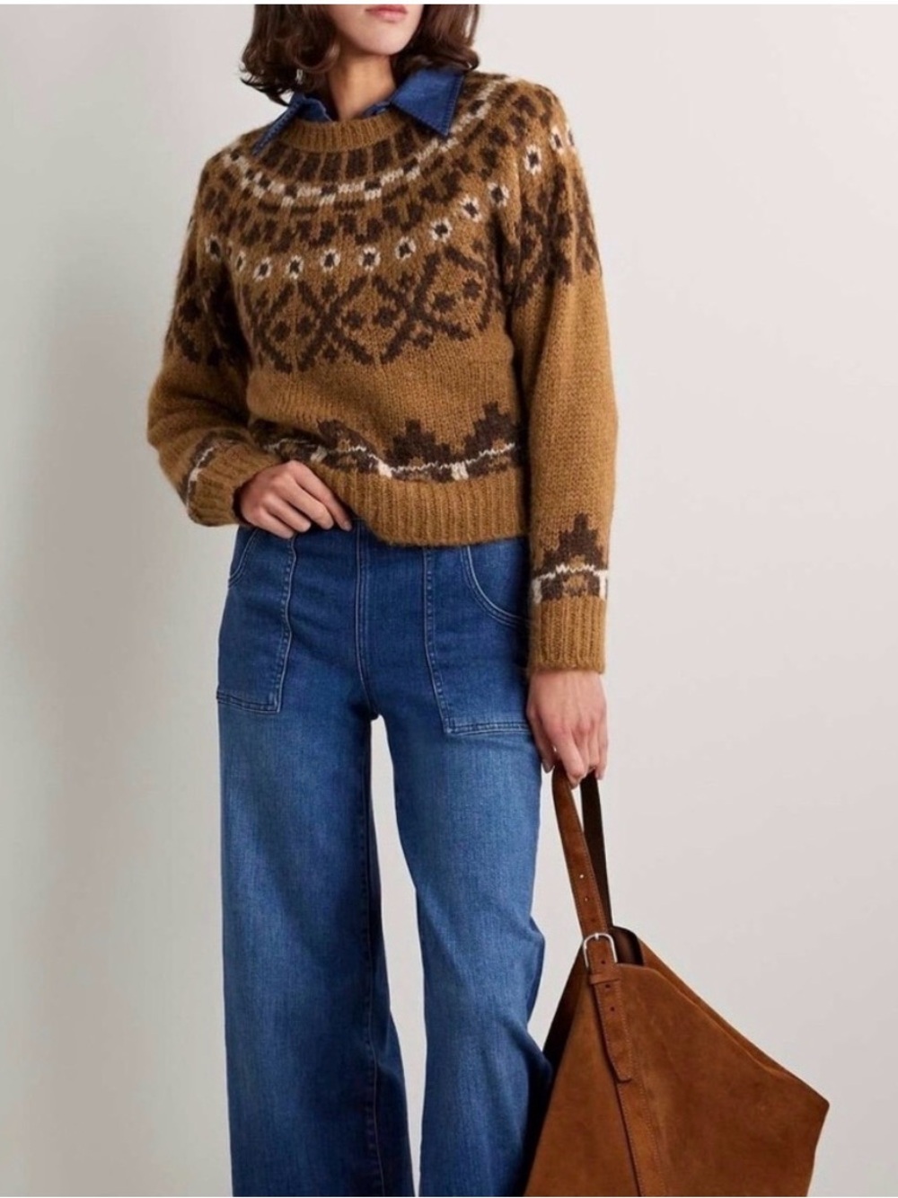 Womens Brown Fair Isle Knit Sweater